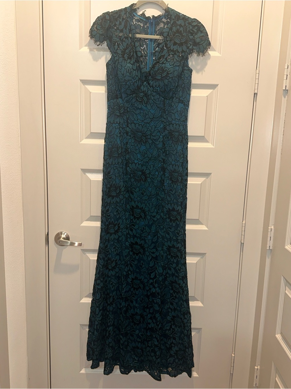 Eliza J Teal Lace Cap-Sleeve Gown